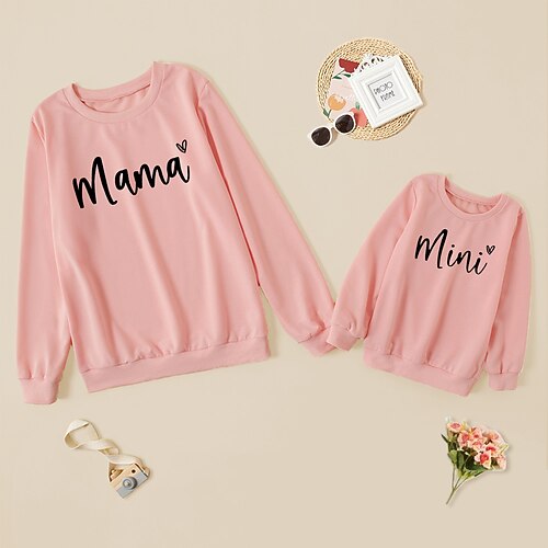 

Mommy and Me Tops Heart Letter Daily Print White Pink Gray Long Sleeve Daily Matching Outfits / Fall / Winter / Cute