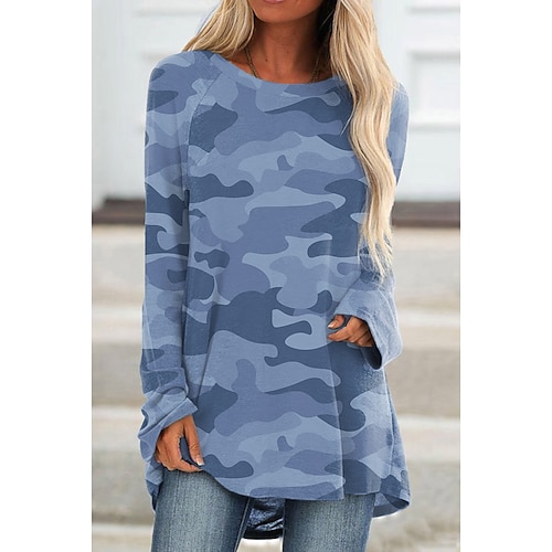 

Women's T shirt Tee Wine Blue Purple Camo Camouflage Print Long Sleeve Daily Weekend Tunic Basic Round Neck Regular Loose Fit S