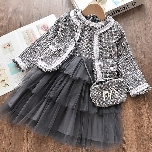 

Infantil Bébé Para Meninas Conjunto 3 Peças Manga Longa Branco Preto Xadrez Patchwork Algodão Estilo bonito Doce Padrão Acima do Joelho 3-8 anos / Outono / Primavera