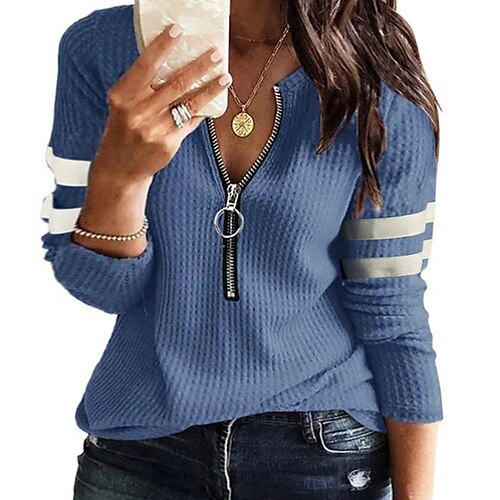 

Women's Plus Size Tops Blouse Shirt Striped Zipper Long Sleeve V Neck Streetwear Daily Work Cotton Fall Winter White Black