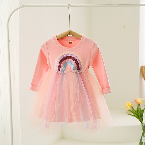 

FILLE Robe Trapèze Robe en Tulle manche longue Graphic à imprimé arc-en-ciel Graphique imprimé en 3D Robes Le style mignon Princesse Mi-long Coton Robe Printemps Automne Enfants Anniversaire Standard