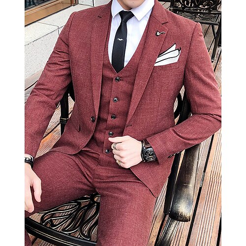 

Khaki Light Grey Red Men's Wedding Party / Evening Suits 3 Piece Solid Colored Tailored Fit Single Breasted One-button 2022