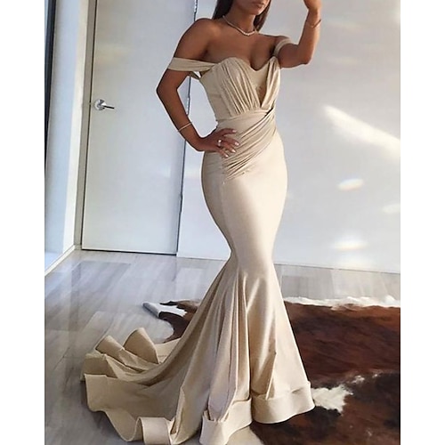 

Mermaid / Trumpet Minimalist Sexy Wedding Guest Formal Evening Dress Off Shoulder Sleeveless Court Train Spandex with Pleats Ruched 2022