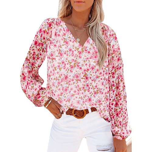 

Women's Blouse Shirt Green Pink Rainbow Flower Print Long Sleeve Party Daily Streetwear Elegant V Neck Regular Lantern Sleeve S