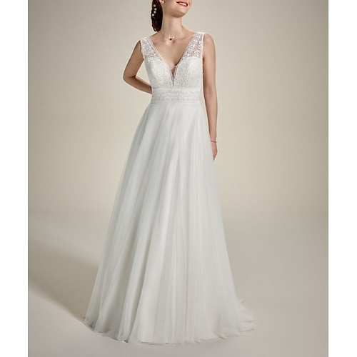 

A-Line Wedding Dresses V Neck Sweep / Brush Train Lace Tulle Sleeveless Romantic Sexy with Pleats Appliques 2022