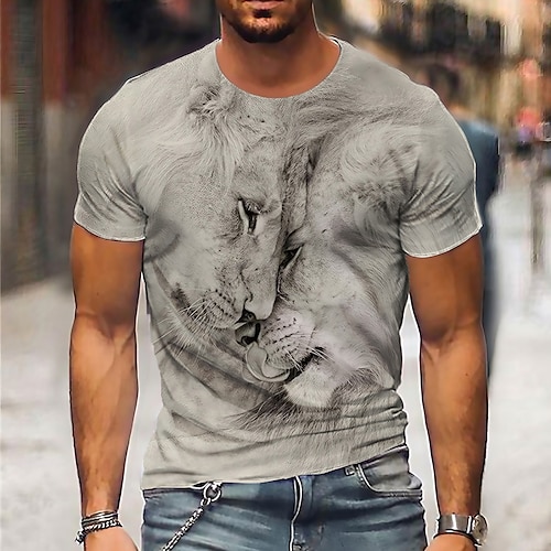 Homme Unisexe T shirt Tee Chemise Tee Lion Imprimés Photos Col Ras du Cou Gris 3D effet du quotidien Vacances Manches Courtes Imprimer Vêtement Tenue Design Casual Grand et grand / Eté / Eté