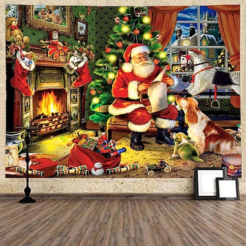 

Christmas Santa Claus Holiday Party Wall Tapestry Photo Background Backdrop Art Decor Photo Background Home Bedroom Living Room Decoration Christmas Tree Snowman Elk Snowflake Candle Gift Fireplace