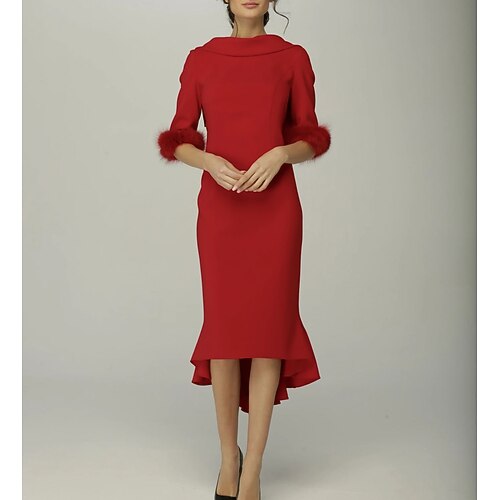 

Sheath / Column Mother of the Bride Dress Elegant High Neck Asymmetrical Stretch Fabric Half Sleeve with Ruffles 2022