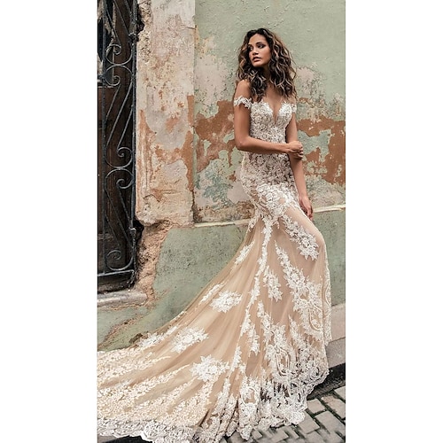 

Mermaid / Trumpet Wedding Dresses Off Shoulder Court Train Lace Regular Straps Country Formal Casual with 2022