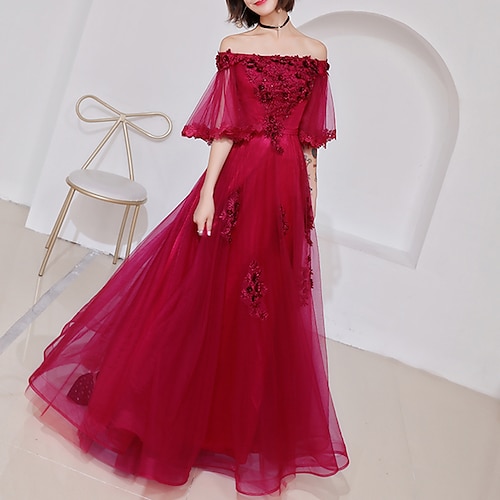 

A-Line Elegant Floral Engagement Prom Dress Off Shoulder Half Sleeve Floor Length Tulle with Sash / Ribbon Lace Insert Appliques 2022
