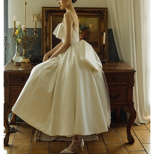 

A-Line Wedding Dresses Spaghetti Strap Off Shoulder Ankle Length Satin Sleeveless Simple Vintage Little White Dress 1950s with Bow(s) Ruffles 2022