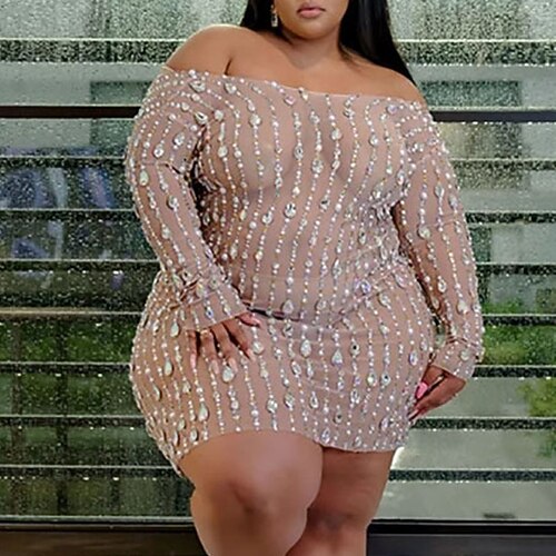 

Women's Curve Plus Size Sequins Mesh Solid Color Casual Sexy Long Sleeve One Shoulder Fall Spring Seamless Bras Pink Big Size L XL XXL 3XL 4XL / Party Dress / Off Shoulder