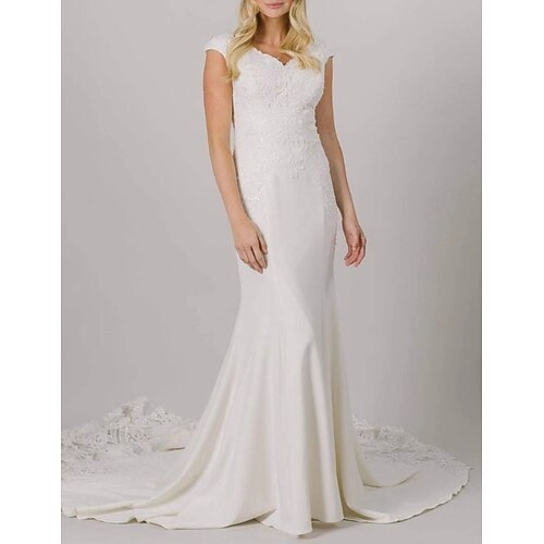 

Mermaid / Trumpet Wedding Dresses V Neck Court Train Lace Stretch Fabric Cap Sleeve Romantic with Appliques 2022