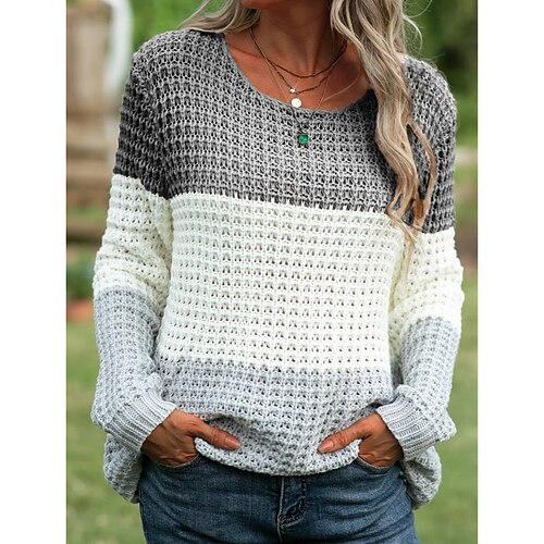 

Women's Sweater Jumper Waffle Knit Knitted Color Block Round Neck Casual Casual Daily Fall Winter Pink Grey M L XL / Long Sleeve / Spring / Loose