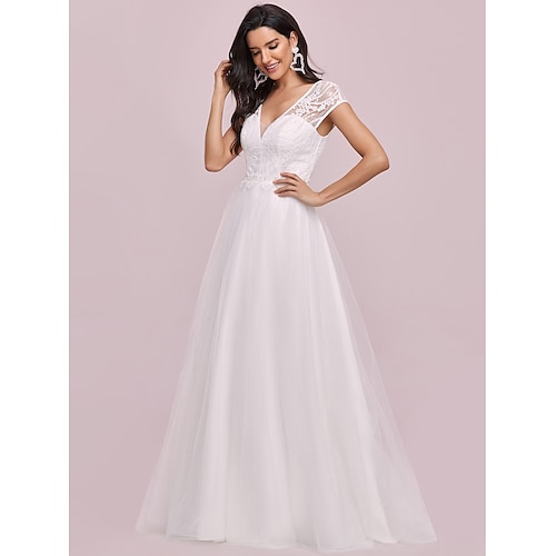 

A-Line Wedding Dresses V Neck Floor Length Lace Tulle Short Sleeve Romantic with Pleats 2022