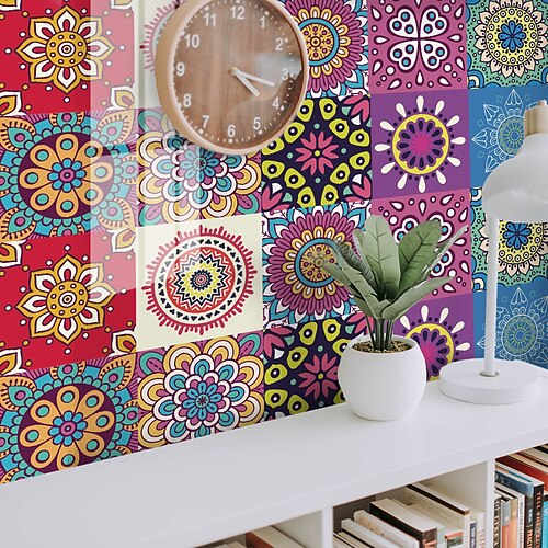 

12pcs 15X15CM Thickened Tile Self-adhesive Paper Color Mandala Kitchen Oil-proof And Waterproof Removable Wall Stickers