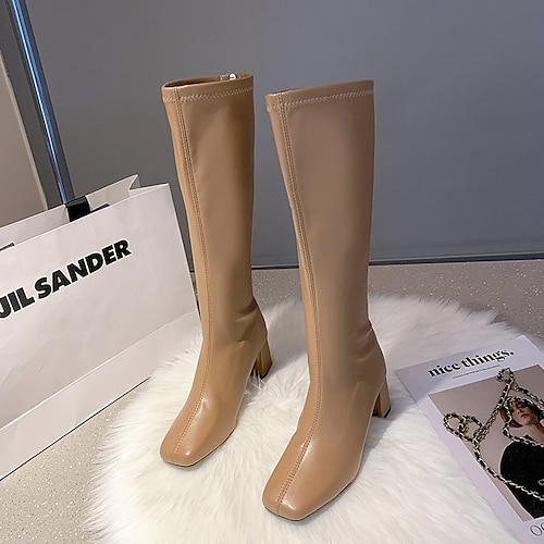 

Women's Boots Heel Boots Knee High Boots Chunky Heel Square Toe Rubber Zipper Solid Colored Black Khaki Beige