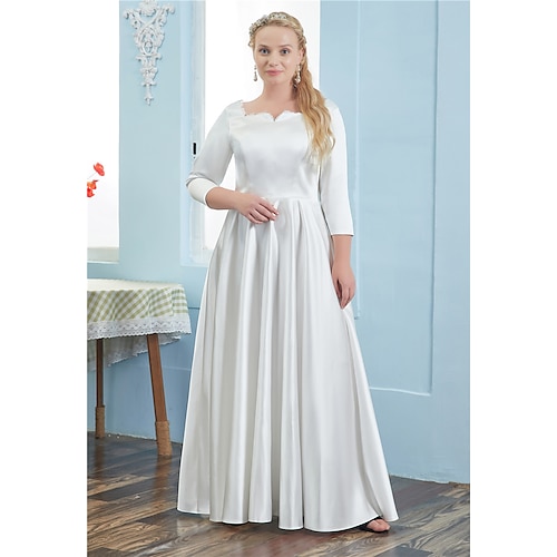 

A-Line Wedding Dresses Square Neck Floor Length Italy Satin 3/4 Length Sleeve Simple Plus Size with Pleats 2022