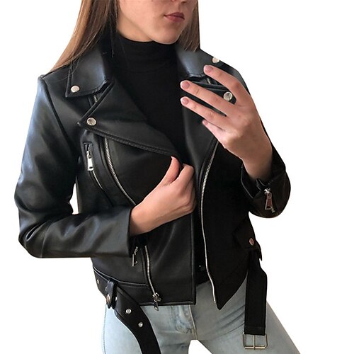 

Women's Faux Leather Jacket Warm Street Daily Pocket Full Zip Zipper Turndown Casual Plain Regular Fit Outerwear Long Sleeve Fall Black Blue Wine S M L XL XXL 3XL