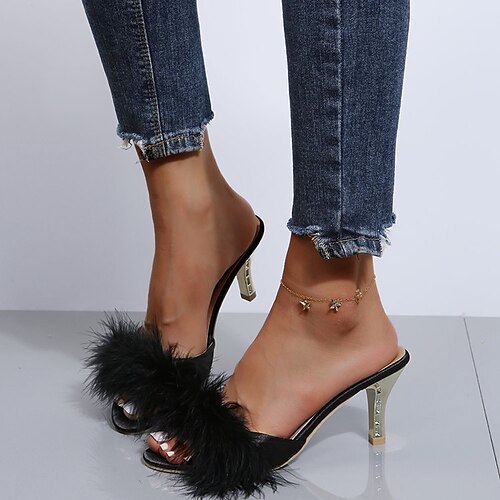 

Women's Sandals Furry Feather High Heel Pointed Toe Faux Fur PU Loafer Solid Colored Black Rosy Pink Beige