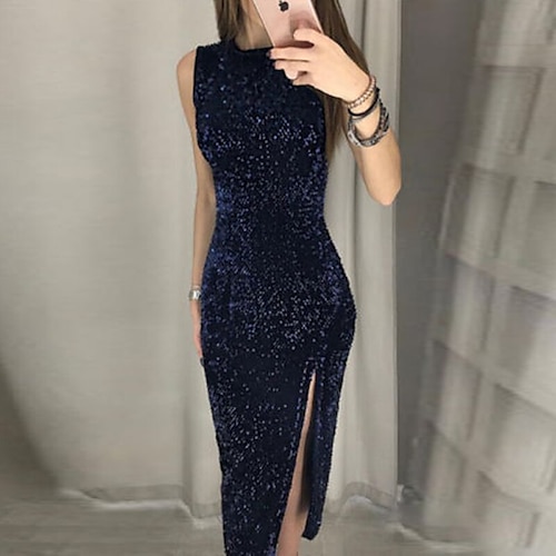 

Women's Party Dress Sequin Dress Midi Dress Black Blue Red Sleeveless Pure Color Sequins Spring Summer Crew Neck Party Christmas Slim S M L XL XXL