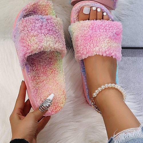 

Damen Hausschuhe Flip-Flops Fuzzy Slipper Plateaupantoffeln Flacher Absatz Runde Zehe Baumwolle Halbschuhe Einfarbig Weiß Rosa Regenbogen