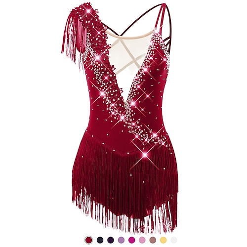 

Figure Skating Dress Women's Girls' Ice Skating Dress Yan pink Violet Dark Red Criss Cross Tassel Mesh Spandex High Elasticity Competition Skating Wear Handmade Sleeveless Latin Dance Ice Skating