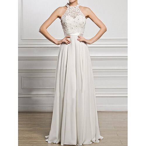 

Sheath / Column Wedding Dresses Halter Neck Floor Length Chiffon Lace Sleeveless Romantic with Beading Appliques 2022