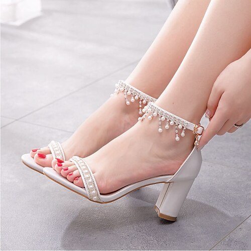 

Women's Sandals Wedding Office Rhinestone Pearl Tassel Chunky Heel Open Toe Faux Leather Ankle Strap Solid Colored White