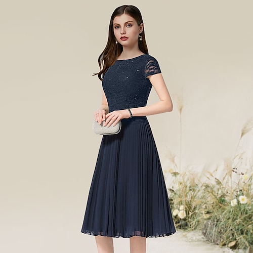 

A-Line Cocktail Dresses Flirty Dress Homecoming Tea Length Short Sleeve Jewel Neck Chiffon with Pleats 2022