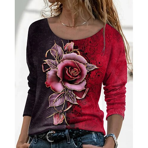 

Women's T shirt Tee Green Blue Purple Color Block Flower Print Long Sleeve Daily Weekend Basic Round Neck Regular Floral Painting S / 3D Print