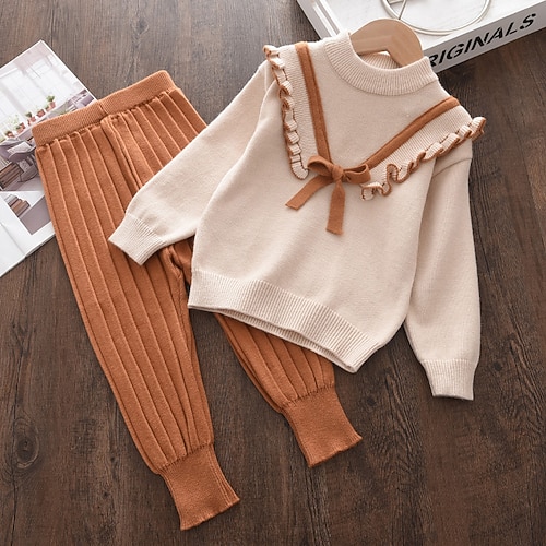 

Kids Toddler Girls' Clothing Set 2 Pieces Long Sleeve Khaki Brown Solid Color Ruffle Bow Cute Sweet Regular 1-4 Years / Fall / Winter / Spring