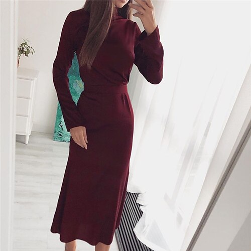 

Women's Casual Dress Midi Dress Black Wine Khaki Long Sleeve Pure Color Lace up Winter Fall Autumn Crew Neck Winter Dress Fall Dress Boom Sale Dress S M L XL