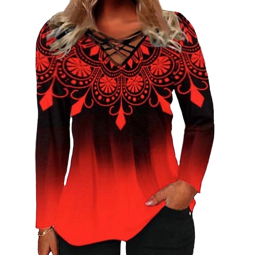 

Women's Plus Size Tops Blouse Color Gradient Abstract Print Long Sleeve V Neck Streetwear Daily Weekend Polyester Fall Spring Green Blue