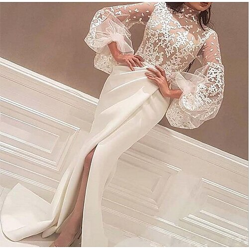 

Mermaid / Trumpet Wedding Dresses High Neck Sweep / Brush Train Lace Satin Long Sleeve Beach Sexy with Appliques Split Front 2022