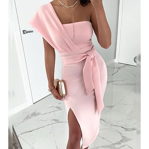 

Sheath / Column Minimalist Elegant Wedding Guest Prom Dress One Shoulder Sleeveless Tea Length Stretch Fabric with Slit Pure Color Strappy 2022