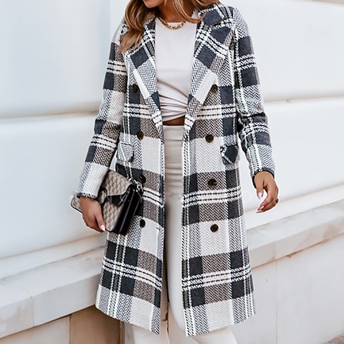 

Women's Coat Daily Winter Fall Long Coat Regular Fit Warm Casual Jacket Long Sleeve Gray / Plaid / Check / Quilted