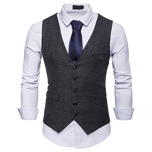 

Men's Vest Dailywear Single Breasted V Neck Euramerican Jacket Outerwear Solid Colored Black