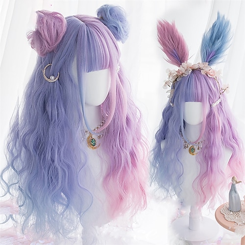 

Lolita Wigs Blue Wigs for Women Blue Pink Ombre Long Water Wave Cosplay Wigs Synthetic Hair Wigs Heat Resistant for Women American Style