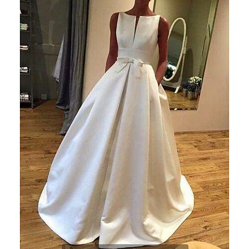 

A-Line Wedding Dresses V Wire Court Train Satin Sleeveless Simple with Bow(s) Pleats 2022