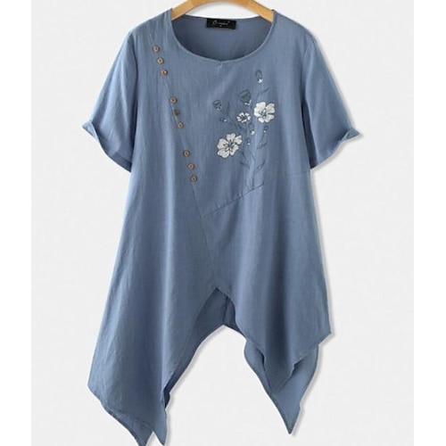 

Women's Plus Size Tops Blouse Short Sleeve Round Neck Basic Casual Date Vacation Cotton Fall Spring Light Blue ArmyGreen