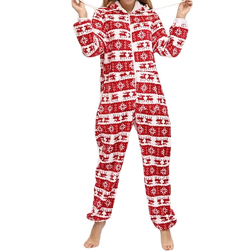 

Women's Christmas Pjs Pajamas Winter Bodysuits Onesies Pjs Elk Stripe Simple Soft Sweet Home Daily Warm Gift Hoodie Long Sleeve Elastic Waist Hoodie Winter Fall Blue Wine / Seamed / Print