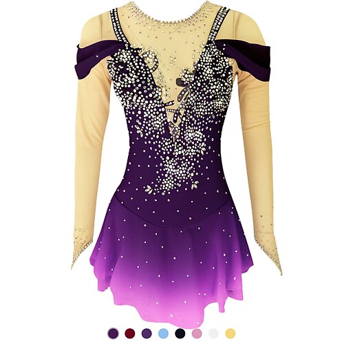 

Figure Skating Dress Women's Girls' Ice Skating Dress Outfits Light Purple Yan pink Violet Open Back Spandex High Elasticity Training Skating Wear Handmade Solid Colored Classic Crystal / Rhinestone