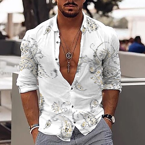 

Men's Shirt 3D Print Floral Collar Casual Daily 3D Print Button-Down Long Sleeve Regular Fit Tops Casual Fashion Comfortable White / Sports