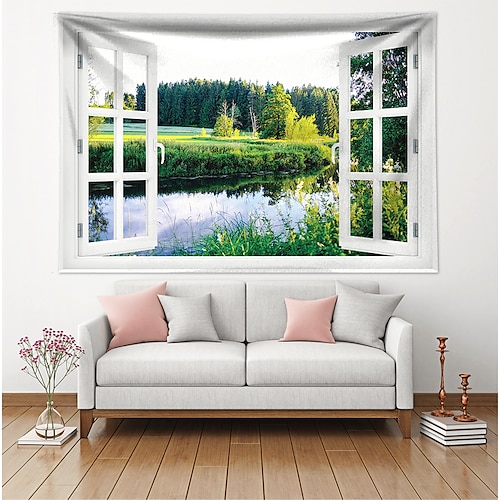 

Fake Window Landscape Large Wall Tapestry Art Decor Blanket Curtain Hanging Home Bedroom Living Room Decoration Polyester