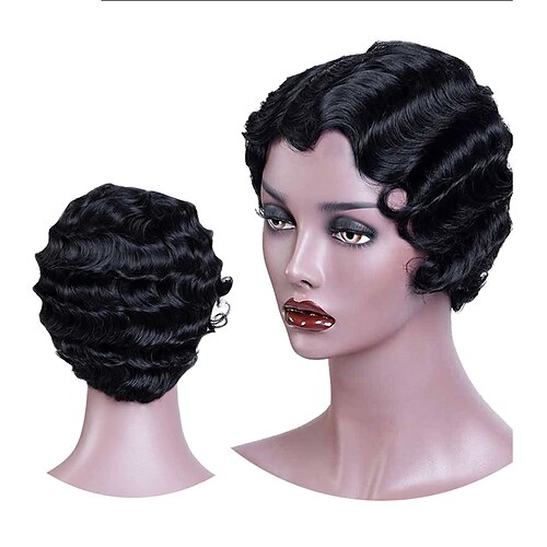 

rugissant 20s perruque courte vague de doigt synthétique perruque pour les femmes afro-américaines afro crépus bouclés perruques noir violet blond cheveux résistants à la chaleur