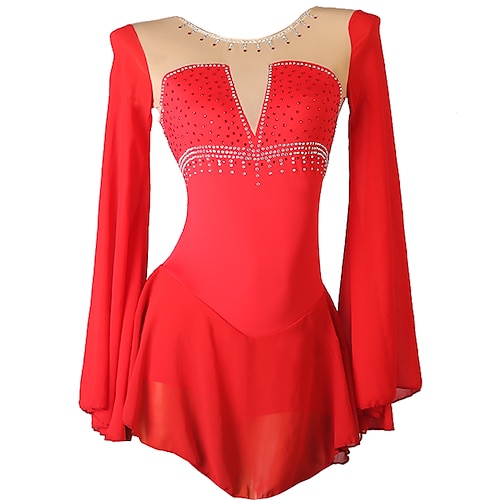 

Figure Skating Dress Women's Girls' Ice Skating Dress Outfits Red Open Back Patchwork Mesh Spandex High Elasticity Training Practice Professional Skating Wear Handmade Crystal / Rhinestone Long Sleeve