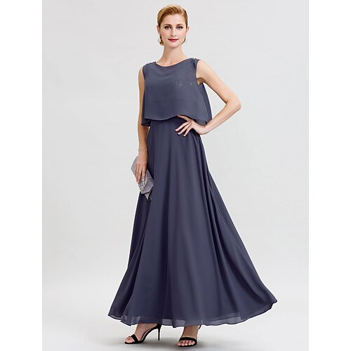 

A-Line Mother of the Bride Dress Open Back Two Piece Jewel Neck Ankle Length Chiffon Sequined Sleeveless with Sashes / Ribbons Beading 2022
