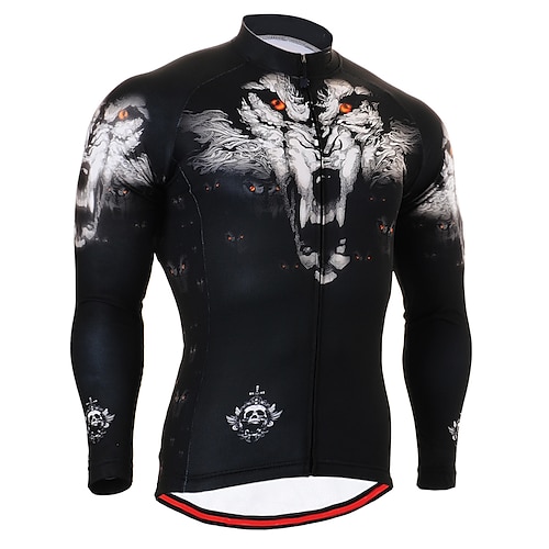 

21Grams Men's Cycling Jersey Long Sleeve Bike Top with 3 Rear Pockets Mountain Bike MTB Road Bike Cycling Breathable Quick Dry Moisture Wicking Reflective Strips Black Skull Wolf Polyester Spandex