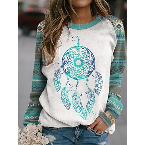 

Women's Sweatshirt Pullover Active Streetwear Ethnic Print Green Blue Orange Graphic Geometric Feather Daily Crew Neck Long Sleeve S M L XL XXL